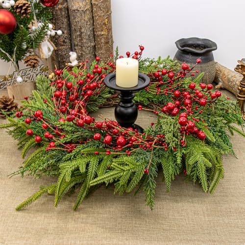 20-Inch Classic Christmas Wreath with Red Berries & Norfolk Pine - Rustic Front Door Decor