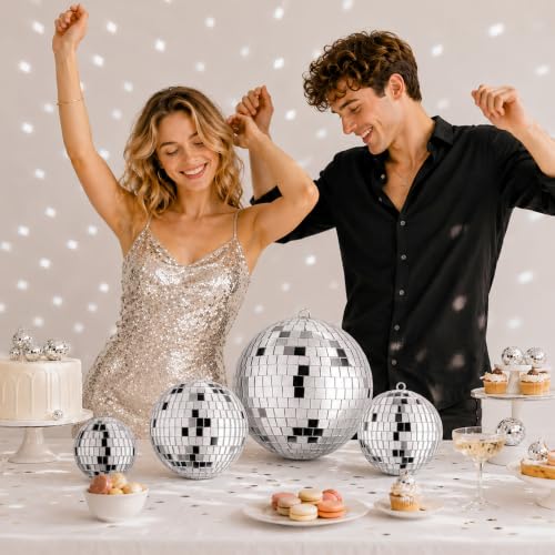 4 PCS 6'' 4'' 3.15'' 2.4''Large Silver Disco Ball Hanging Decoration