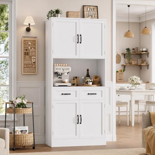 71" Tall Kitchen Pantry Cabinet with Microwave Counter & Drawers - White