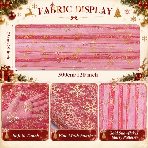 Christmas Table Runner Snowflake Gauze Glitter Foil 29x120in 3pc - Red Gold