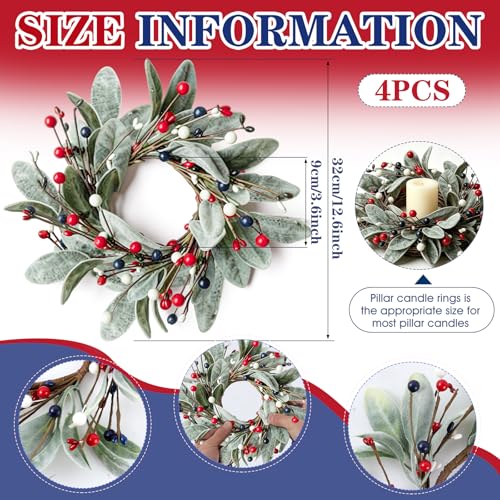 Patriotic 4th of July Candle Ring Wreaths for Pillar Candles, Set of 4