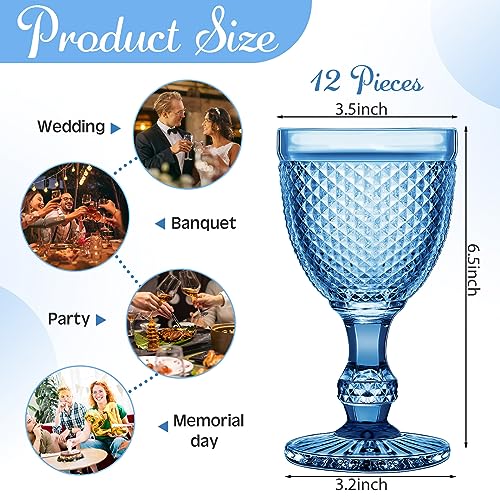 12-Piece Vintage Blue Glass Goblet Set, 10 oz Embossed Diamond Wine Glasses