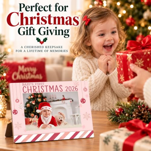 CBFEBCBST First Christmas-2 Pink Baby's First Christmas 2026 Picture Frame, 4x6 Easel-Back