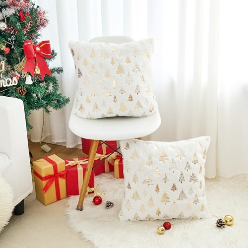 HOMFREEST Gold Christmas Trees Pillow Covers 18x18 Set of 2 White Xmax Soft Faux Fur Throw Pillowcases Winter Holiday Decorative Cushion Cases for Sofa Couch Home Decor
