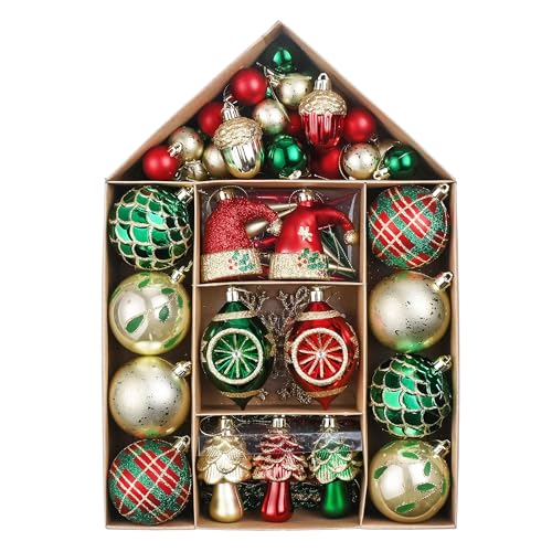 Valery Madelyn 70ct Christmas Tree Ball Ornaments Set - Rustic Red Green Gold, Large Variety