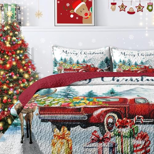 King Christmas Quilt Set with Xmas Truck - 3-Piece Red Vintage Bedding, WeCozy