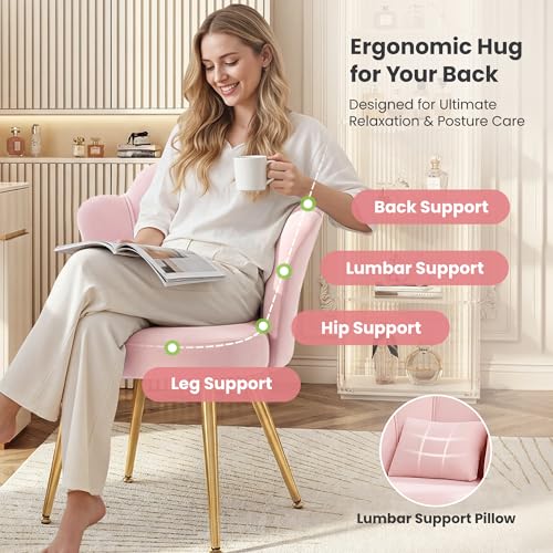 Petal Velvet Makeup Vanity Chair with Lumbar Pillow and Gold Metal Legs
