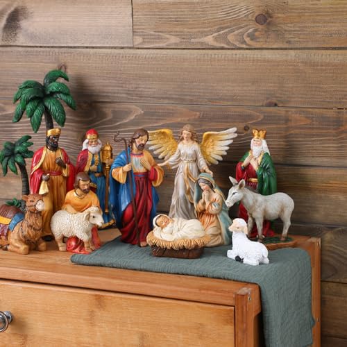 Nativity Scene Figures Set for Christmas - 12 Hand-Painted Resin Holiday Decor, 7 Inch Baby Jesus, Mary, Joseph, Kings, Animals, Stable & Palm Tree