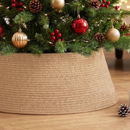 Brown Christmas Tree Collar, Adjustable 28 Inch Woven Cotton Rope