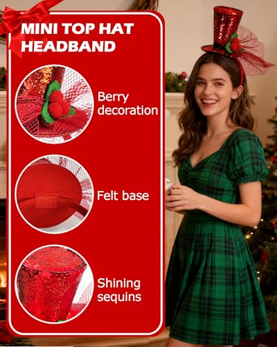 Red Sparkling Mini Top Hat Headband for Christmas & Halloween Parties