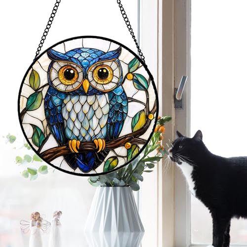 Blue Owl Bird Theme Stained Glass Suncatcher 15" Window Hanging