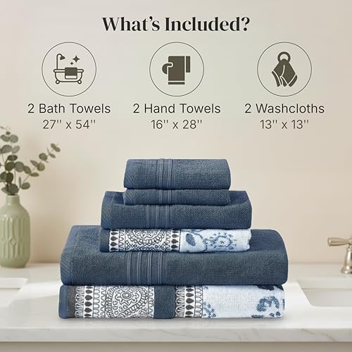 Modern Threads 6-Piece 100% Cotton Bath Towel Set - Navy Floral
