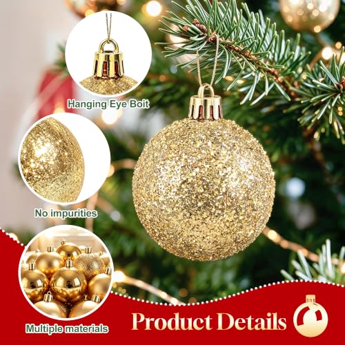 AERORIBOW Gold Christmas Ornament Balls 4cm - Set of 24 Holiday Tree Decor