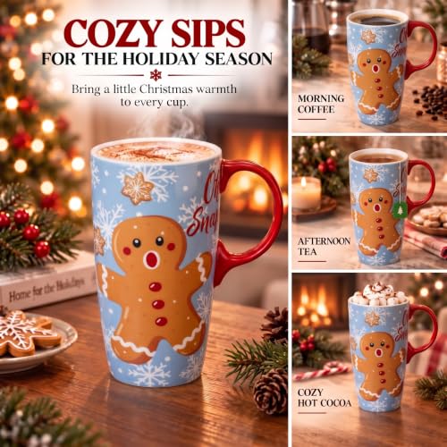 Topadorn Light Blue Christmas Ceramic Travel Mug with Gingerbread Man Lid 17oz