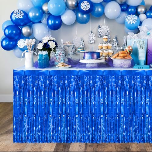 Blue Metallic Foil Fringe Table Skirt - 29.5x108 Inch Party Decoration (2 Pack)