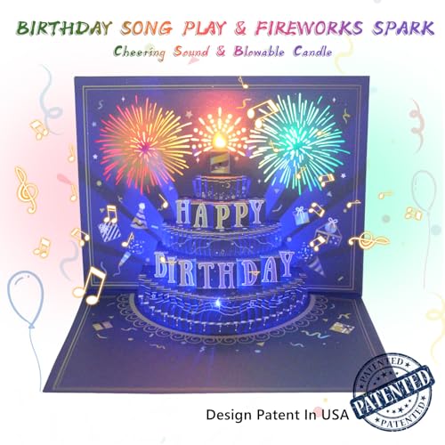 3D Pop Up Birthday Card with Music, Lights, Fireworks and Blowable Candle