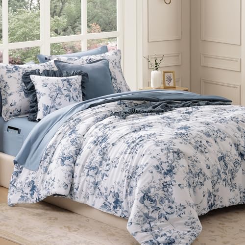 Queen Comforter Set 7-Piece - Blue Floral Soft Bed in a Bag with Sheets