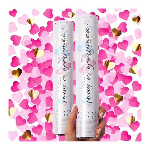 PrimePure Pink Heart Confetti Cannon for Baby Girl Gender Reveal 2 Pack
