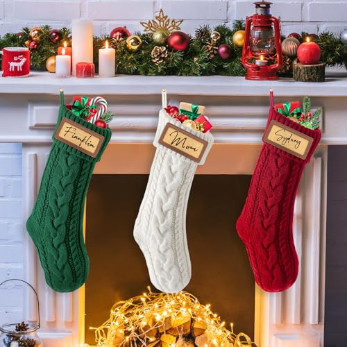 Green Personalized Christmas Stocking - 18.5” Knitted Family Holiday Decor with Leather Patches, Set of 4