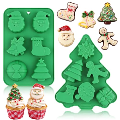 BRIOCET 2 Pack Christmas Silicone Molds Large Xmas Baking & Soap Molds - Green, 12 Cavities