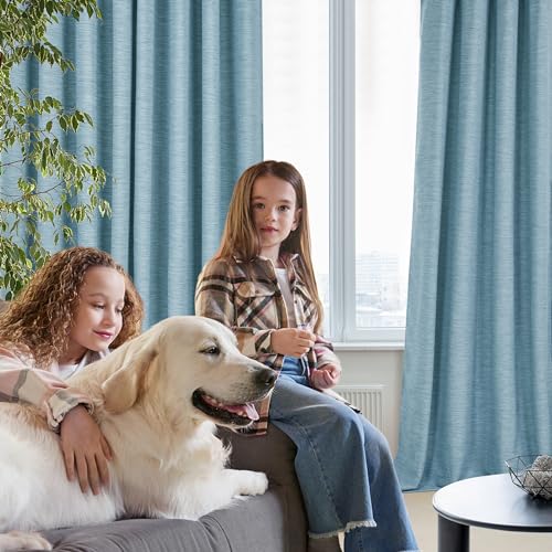 Deconovo Faux Linen Total Blackout Curtains Grommet Noise Reducing Panels with Black Backing for Living Room£¬2 Panels£¬Teal£¬52Wx74L Inch