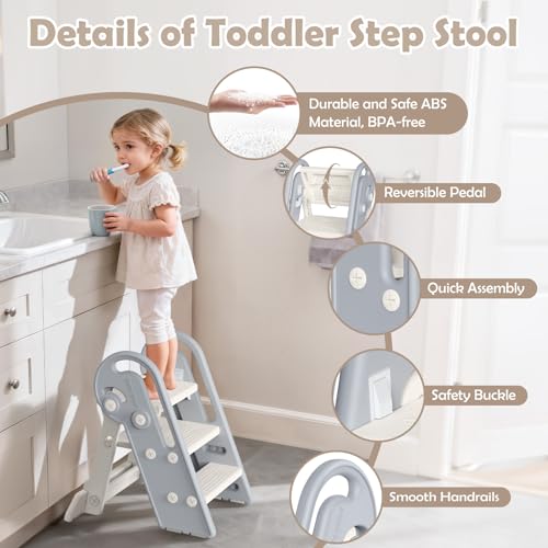 Adjustable Toddler Step Stool, Foldable 3-Step to 2-Step Learning Stool