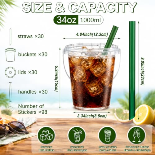 34oz Clear Plastic Drink Buckets with Lids, Handles & Straws — 30 Pack
