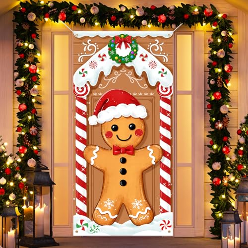 72in Christmas Gingerbread Door Cover, Fabric Banner Decor for Indoor/Outdoor Festive Front Door