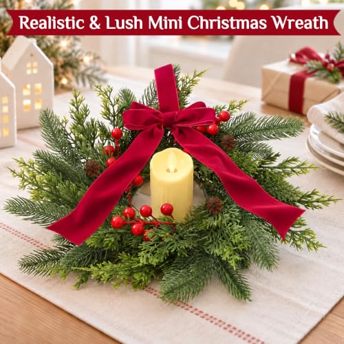 Green & Red 18 Pack 15-Inch Mini Christmas Wreaths for Cabinets with Bows