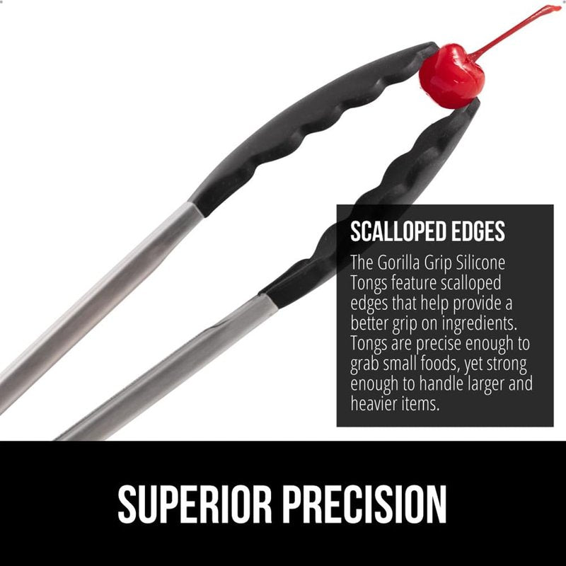 GORILLA GRIP Stainless Steel Heat Resistant Kitchen Tongs for Cooking, 7 + 9 + 12 Inch Set of 3 BBQ Tong, Non Scratch Silicone Tip for Pans, Strong Grip, Grab Food, Salad, Pull Lock, Black Gray Blue