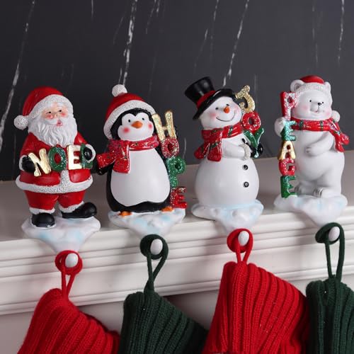 XENTUMI 4-Pack Christmas Stocking Holders with 3D Santa Snowman Penguin Polar Bear
