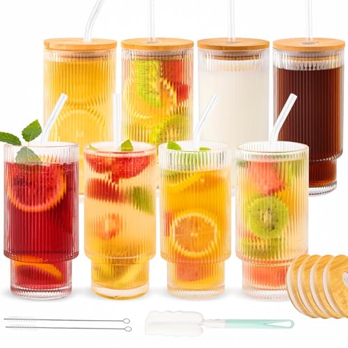 8-Piece Ribbed Glass Cup Set with Bamboo Lids and Straws, 11oz Stackable