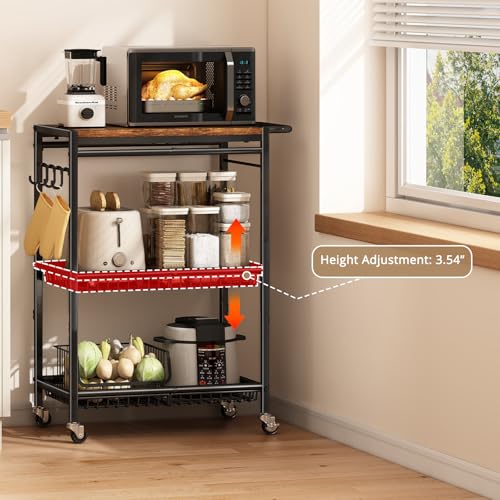 Rolling Kitchen Microwave Cart with Adjustable Shelf and Storage Hooks