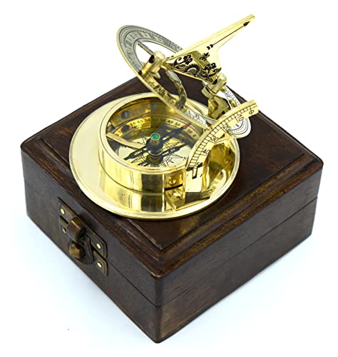 Antique Brass Sundial Compass with Wooden Gift Box - Nautical Decor