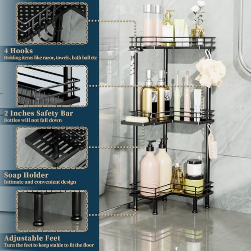 3-Tier Stainless Steel Corner Shower Caddy Stand with Hooks