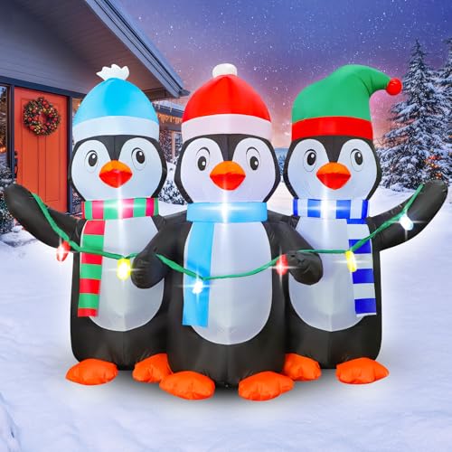 FunFanso 6 FT Christmas Inflatable Penguin Decoration with LED Lights – 3-Penguin Set