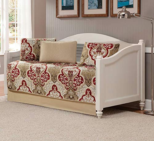 5-Piece Damask Daybed Quilt Set - Burgundy and Taupe Microfiber Bedding