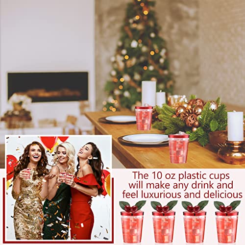 Gerrii 100 Pcs 10oz Red Rim Plastic Cups – Disposable Clear Cups with Red Rim, Party Beverages