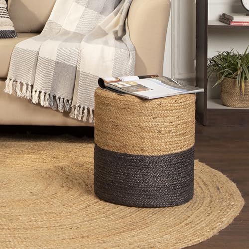Handwoven Jute Braided Cylinder Pouf Ottoman, Gray 14.5-inch Foot Stool
