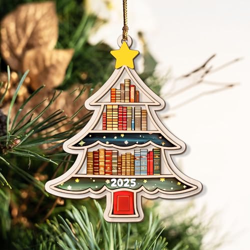 Book Tree 2-Layer Wooden Christmas Ornament – Bookworm Gift for Women, Teachers & Librarians (Variation: Book Tree 2 Layer)
