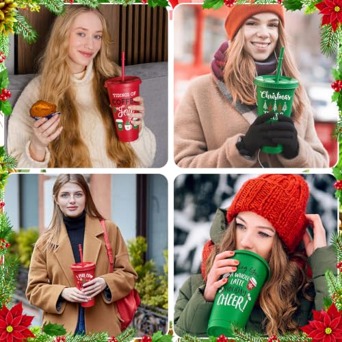 Vesici 12 Pack 24 Oz Christmas Plastic Cups with Lids and Straws – Joy Edition