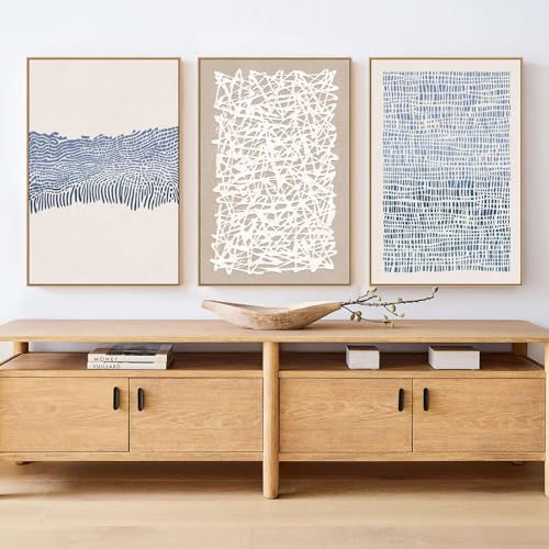 3-Panel Abstract Boho Wall Art Set - Blue & Neutral Modern Canvas Prints