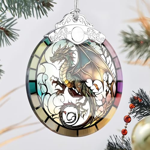Dragon Stained Glass Ornament, 3.5-Inch Holiday Tree Hanging Decoration