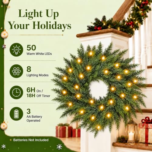24-Inch Pre-Lit Christmas Wreath with 50 LED Lights for Front Door