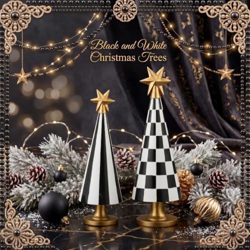 Chumia 2 Sets Christmas Tree Figurines with Stars, Black & White Decor, Size Variations Included