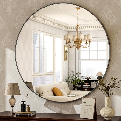 30-Inch Round Wall Mirror with Black Aluminum Alloy Frame