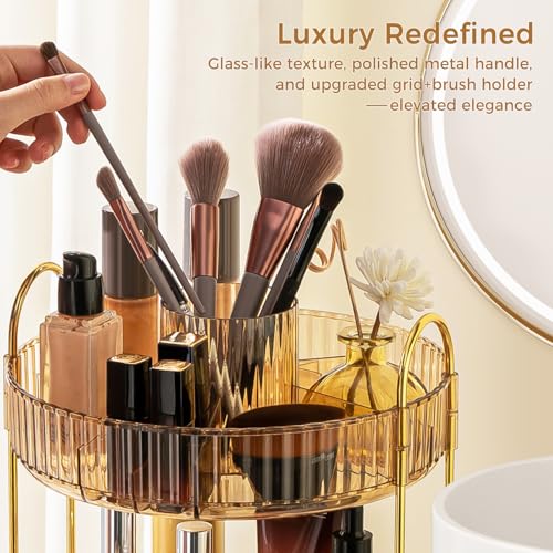BEFSOP 3-Tier Gold Rotating Makeup Organizer with Brush Holder - Upgraded Clear Cosmetic Storage for Women