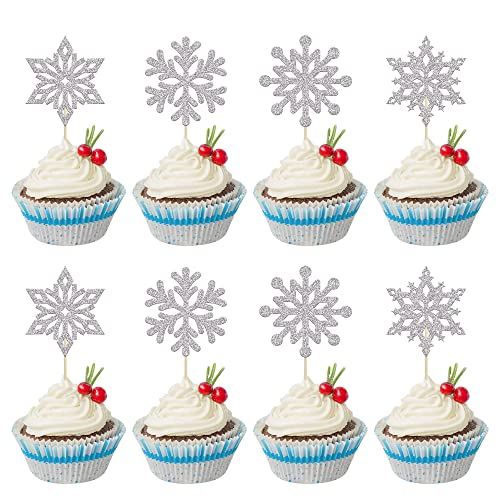 Ephlyn Silver Snowflake Cupcake Toppers 24Pcs Winter Wonderland Party Decorations