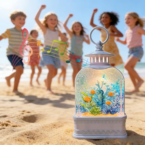 Ocean Themed Musical Snow Globe Lantern with Swirling Glitter and Seahorse