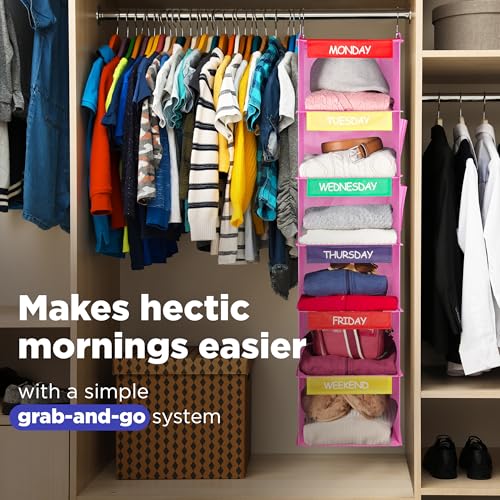 Weekly Hanging Closet Organizer for Kids with Bamboo Shelves, Pink